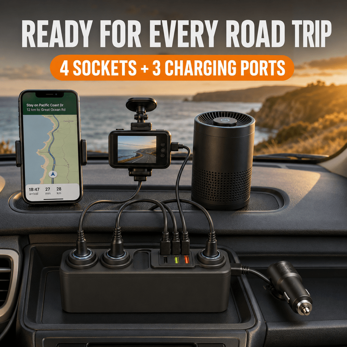 TAVICE 4-Way Car Cigarette Lighter Socket Splitter 12V/24V Power Adapter with USB Charging Ports - Office Catch