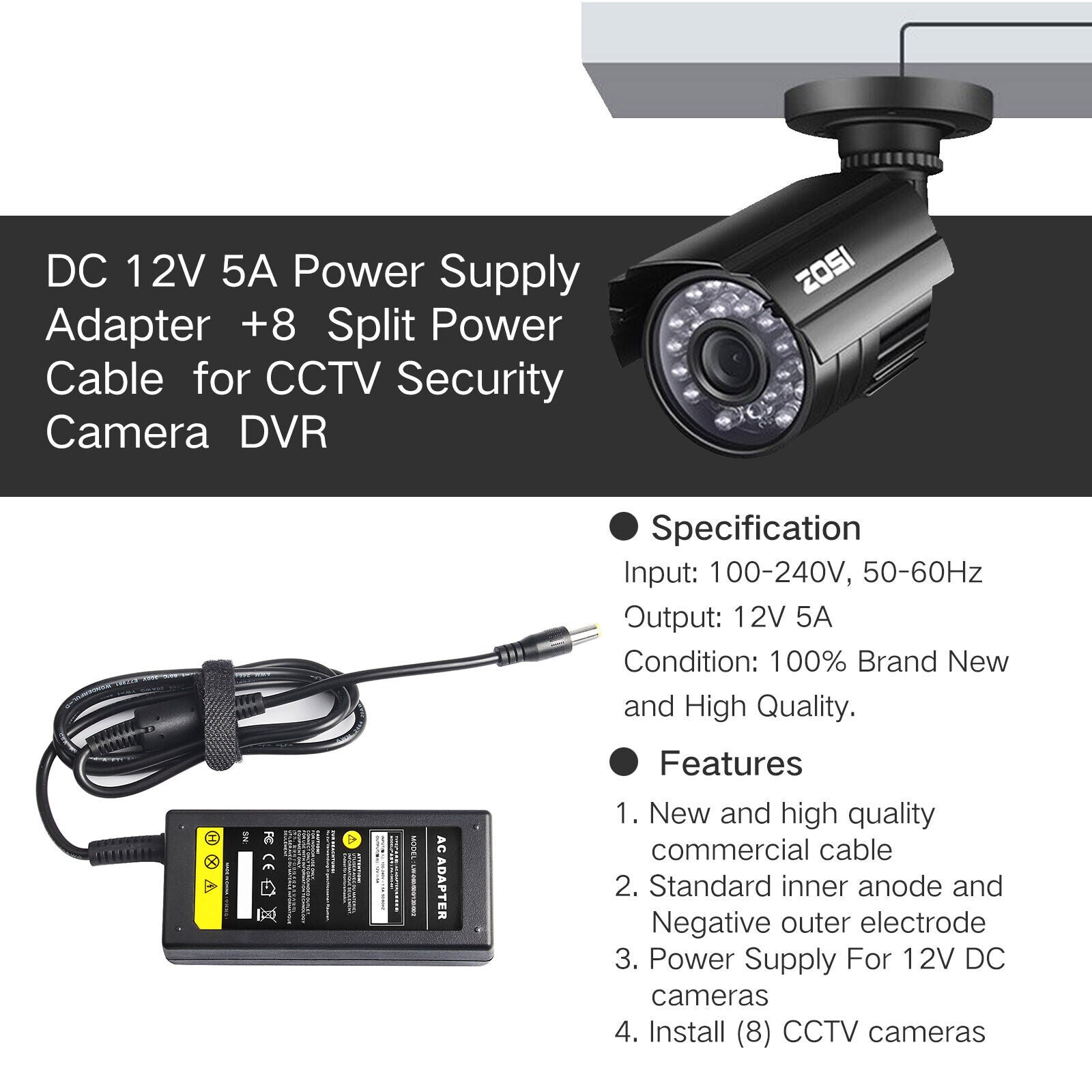 8 Split Power Supply Cord For CCTV Security Camera DVR Swann Lorex Defender AU - Office Catch
